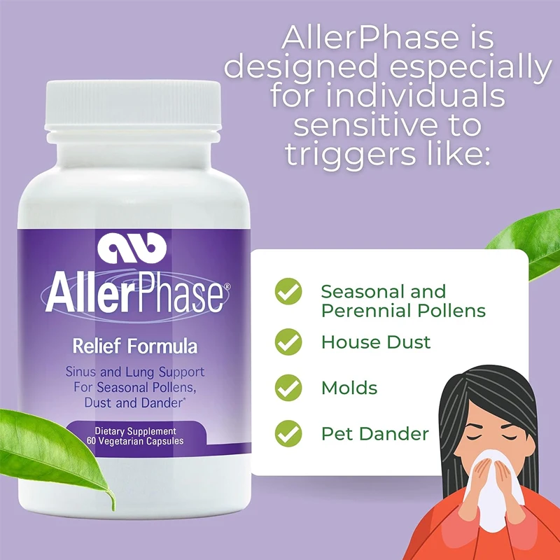 AllerPhase natural herbal sinus and lung relief, suitable for seasonal respiratory discomfort caused by pollen and dust