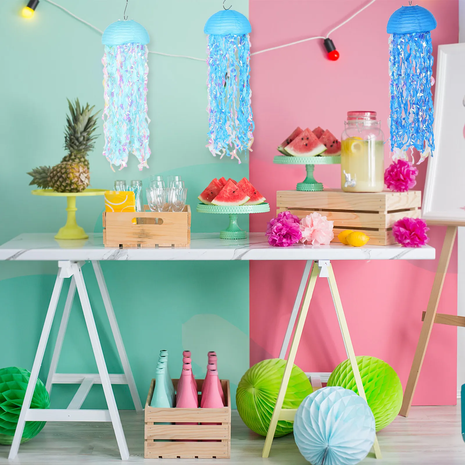 6Pcs Gradient Mermaid Jellyfish Lanterns Ocean Themed Hanging Paper Lanterns for Underwater Party Decor Indoor Outdoor Summer - Detail 1