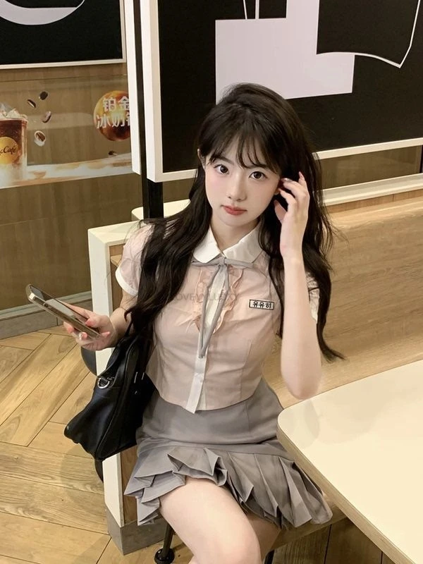 Koreanische japanische Stil jk Uniform Akademie Stil Set Frauen Sommer rosa Hemd Falten rock zweiteilig Set Schulmädchen Uniform Set