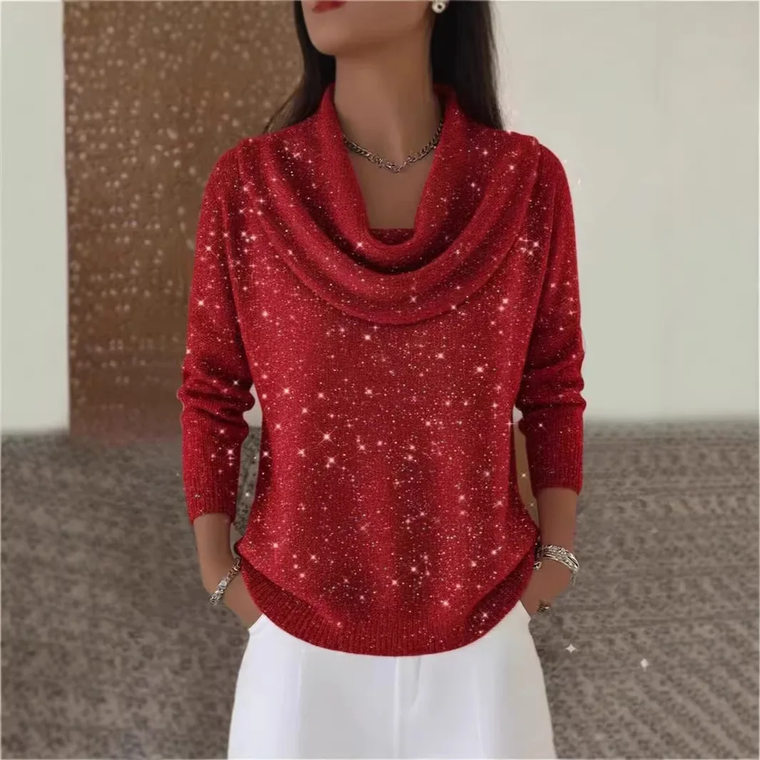 

Sparkle Knit Sweater Long Sleeve Solid Color Pullover 2026 Women's Elegant Top Office Casual Wear Soft Fabric