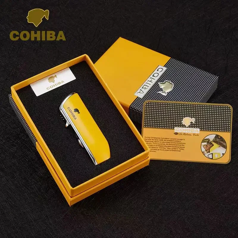 COHIBA Portable Outdoor Metal Windproof Cigar Lighter 3 Blue Flame Torch Jet Butane Gas Turbo Lighters High-End Men\'s Gifts