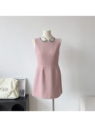 Summer Sleeveless Lapel Mini Luxury Dress For Women 2023 French Vintage Office Lady Frocks Solid Color One-Piece Party One-Piece