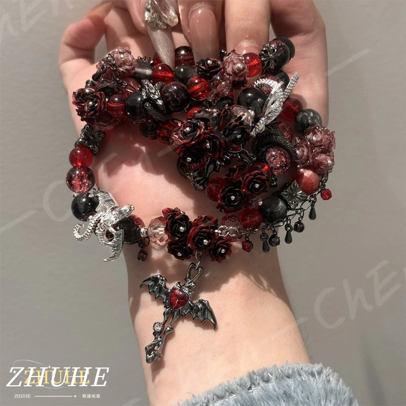 

Punk Snake Rose Beaded Bracelet, Gothic Red Flower Skull Charm Wrist Chain, Edgy Dark Style Copper Material Jewelry Accessories