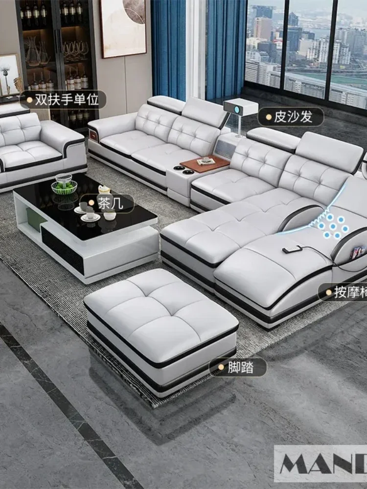 Bluetooth speaker and massage Italian leather sofa with USB, cup holder, adjustable headrest, projector living room sofa