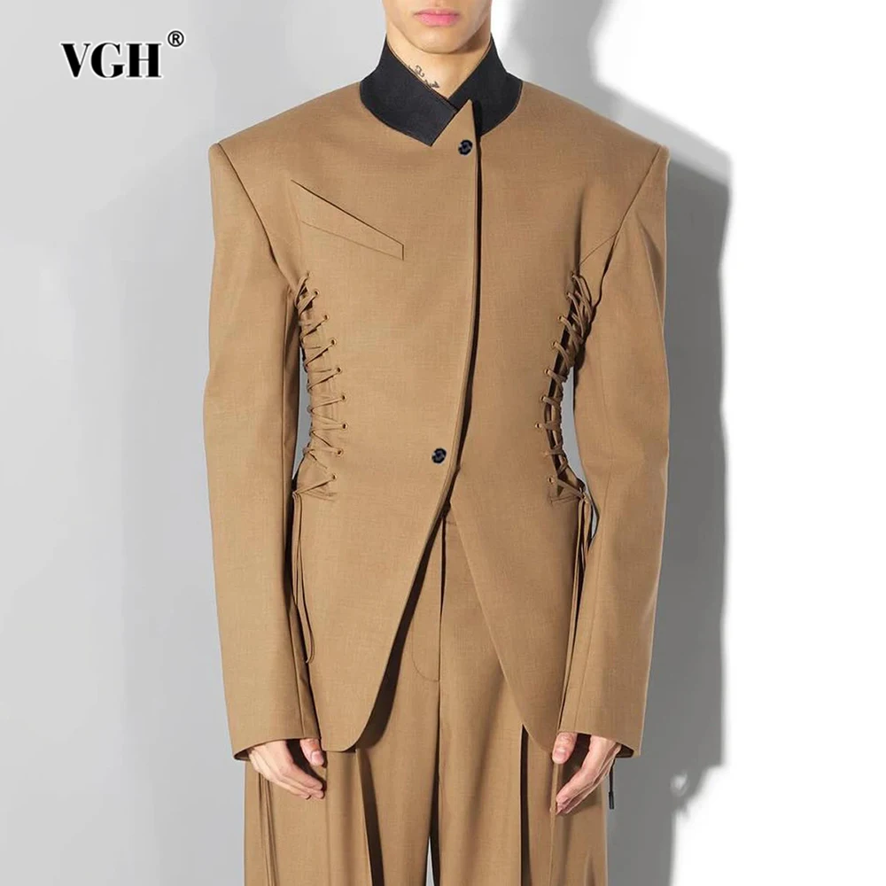 

VGH Casual Slimming Solid Spliced Lace Up Jackets For Women Round Neck Long Sleeve Autumn Temperament Coat Female Fashion New