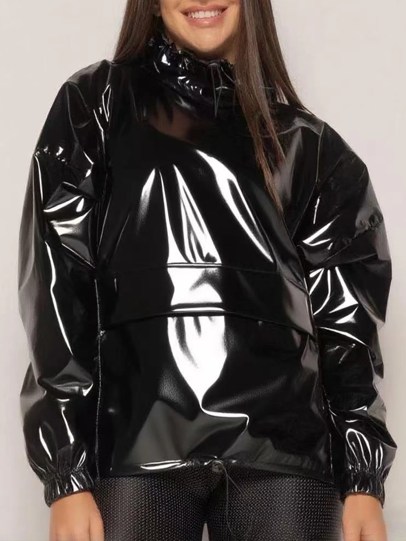 Damen Schwarzes Glänzendes Kunstleder-Pullover-Oberteil Kleidung mit Elastikband Damen PU-Leder Freizeithemd Top Neu