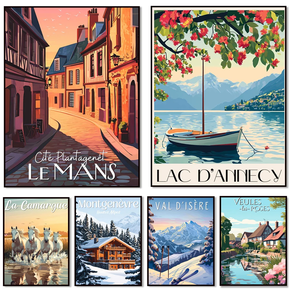 Travel poster for Isère Valley, Ile de Ré, oysters, Marseille, Pouilly-sur-Loire, Camargue, Montgenevre, Biarritz, Brittany Bowl