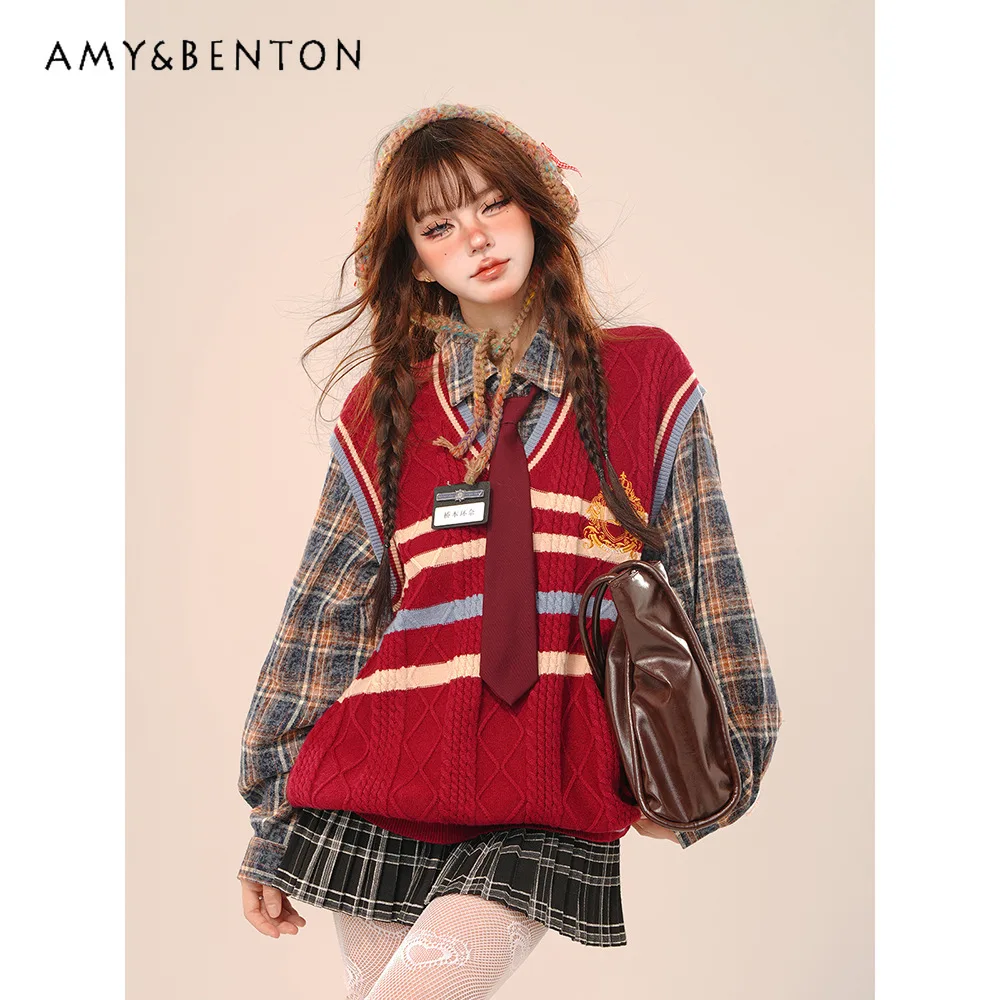 

2025 Spring and Autumn Japanese Style College Style Striped Sweater Knitted Vest for Women Loose Retro Casual Daily Top