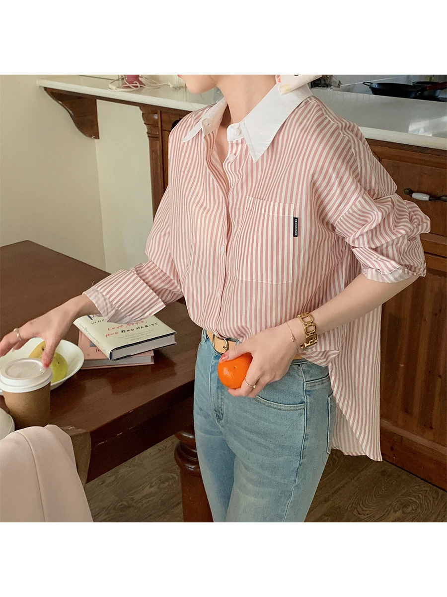 

Yum Star Women's Striped irt Commute Sle Collar Long Sve Loose Fit Korean Version Spring 2023 Collection