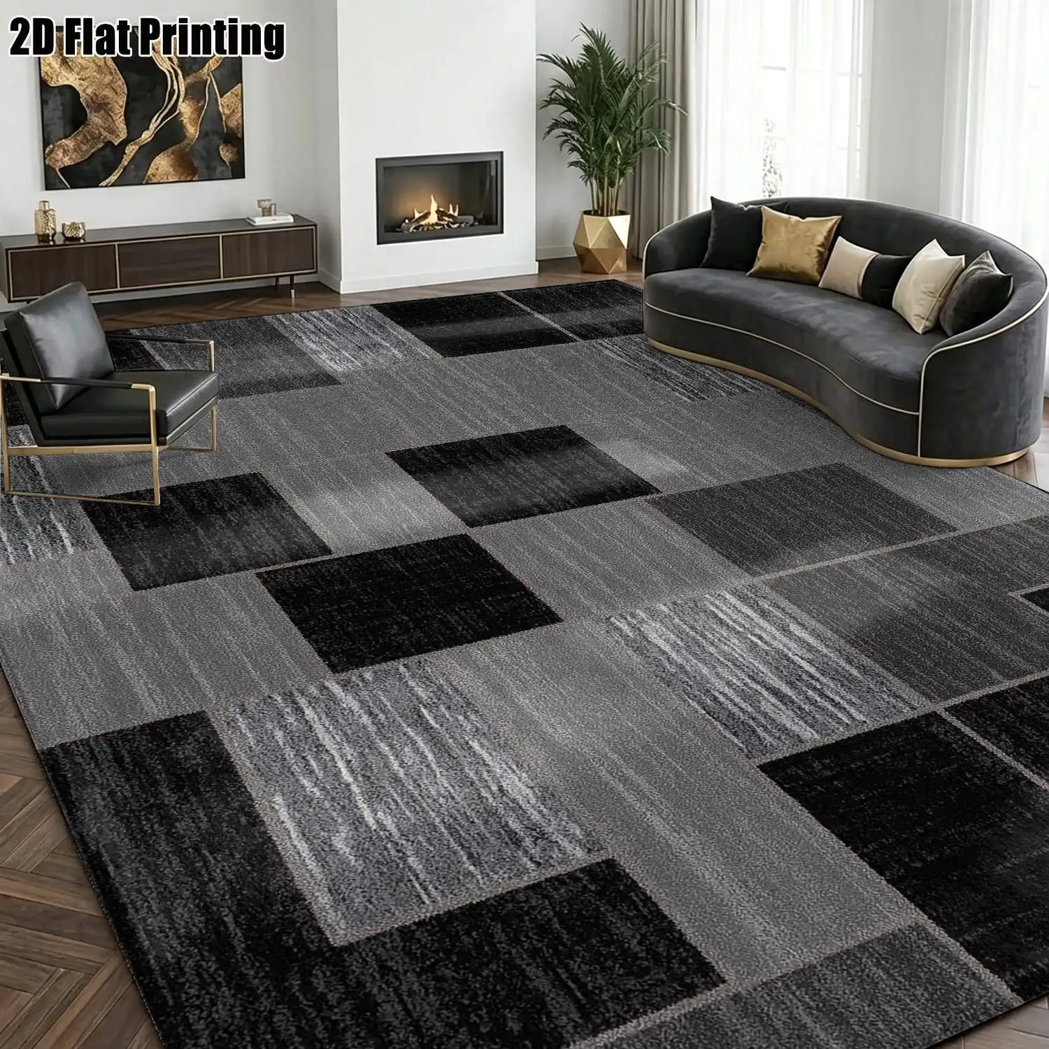 1Pc 2D Printed Nordic Minimalist Geometric Stripe Carpet, Black & Grey, Machine Washable, Multi-Size for Home Decor, Multi-Scene Use