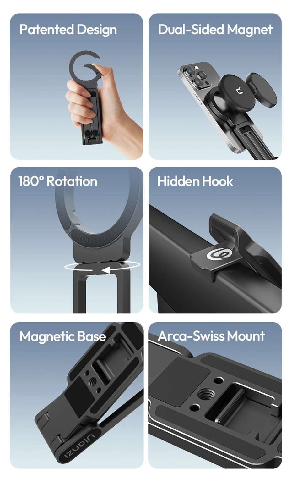 Ulanzi MA38 MagLock Handyhalterung Magnetische Telefonhalterung für iPhone 16 15 14 13 mit Verstecktem Haken für Schrägen Wände Handstativ Schnappmodus Montierbar – Detail 2