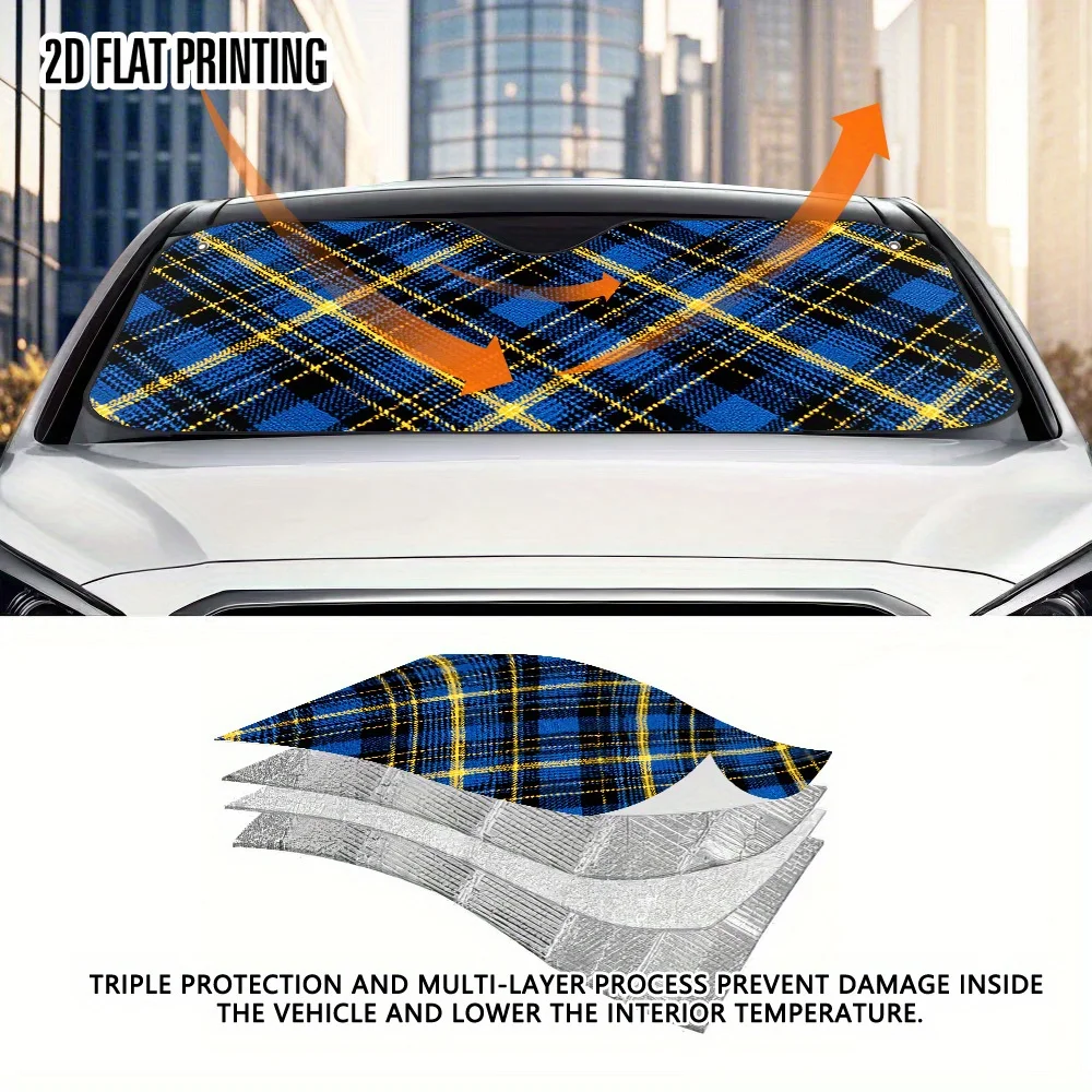 Blue and Yellow Check Print Universal Car Windshield Sunshade Stylish Effective Front Window Sun Visor Includes 4 Suction Cups