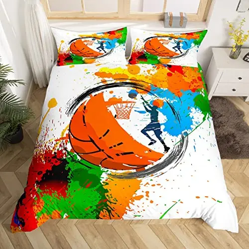 Basketball Duvet Cover Set King Size,Tie Dye Bedding Set 3pcs for Kids Teens Room,Ball Sports Game Watercolor Comforter Cover