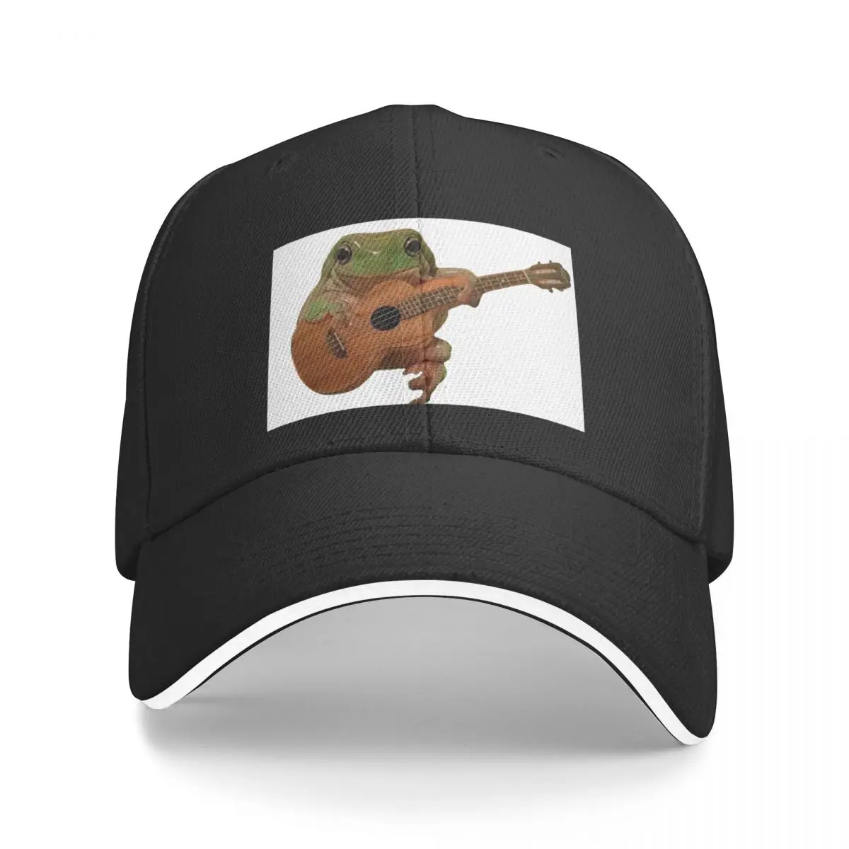 Frog playing on guitar, cute frog playing on ukulele, cute frog sitting, sitting, realistic sitting and playing on  Baseball Cap