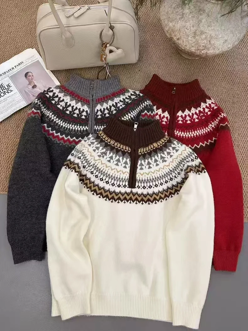 TLOML Retro Women's Wool Mock Neck Fair Isle Jacquard half-zip pullover Long-Sleeved Sweater Autumn Winter Wool Knit Casual Tops