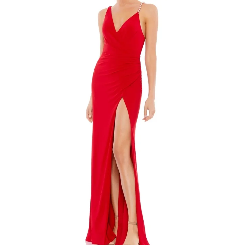 

Women'S Satin V-Neck High Slit Evening Dress Sleeveless Formal Occasion Party Dress Sexy Backless Floor-Length Ball Dress