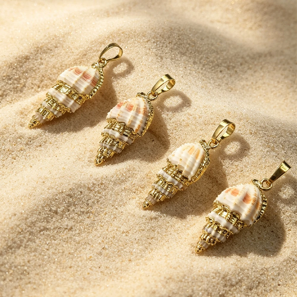 1PC Natural Conch Shell Pendant Optional With Or Without Snake Chain Beach Style Necklace Charm Ornament Golden Plated N2C1075