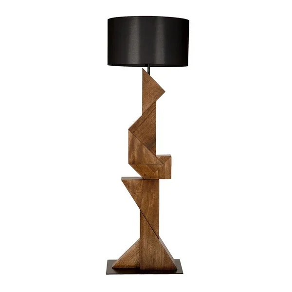 ！@Wood Carving Art Floor Lamp-Abstract Geometric Handcrafted Wooden Lighting Ornament L40*H132cm Modern for Living Room