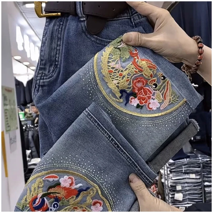 

Весенние узкие джинсы с вышивкой, женские модные национальные джинсовые летние брюки в китайском стиле с высокой талией, свободные джинсы в западном стиле XQ45