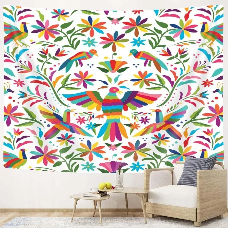 Tapiz Mexicano Tradicional Bzhilja, Estilo Otomi, Patrón Brillante de Flores, Tapiz Étnico de Colores para Pared