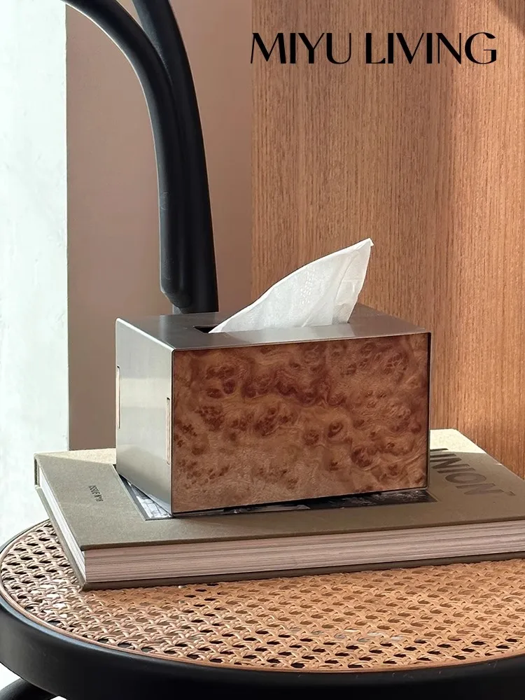 

Modern Light Luxury Style Stainless Steel Wood Grain Tissue Box Home Living Room Unique Individuality Decoration Tissue Box