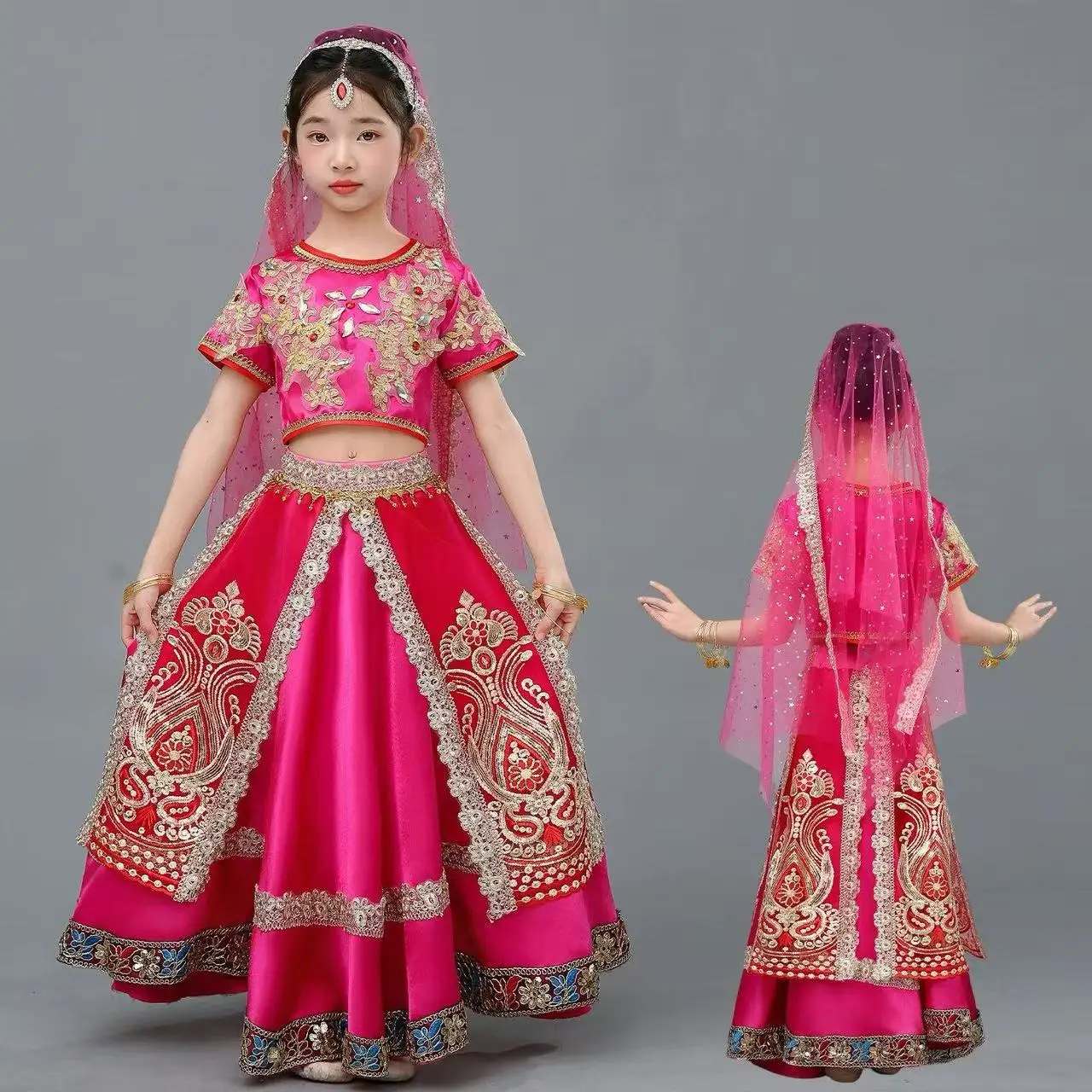 

Новый индийский танцевальный костюм для девочек: экзотический этнический стиль, вышитый топ-сари, юбка с широким подолом, комплект для индийских танцев на сцене