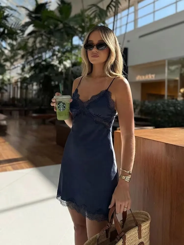 Elegancka sukienka mini na ramiączkach spaghetti z koronką, seksowna sukienka bez pleców, bez rękawów, asymetryczny dół, sukienka na wakacje, plażowa sukienka, vestido.