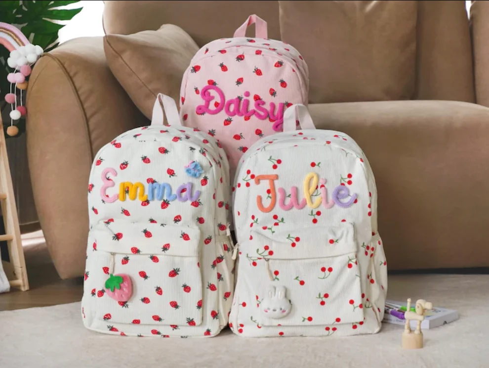 Custom Strawberry Name Backpack, Personalized School Bag For Her, Toddler Embroidered Backpack, Personalized Corduroy Backpack