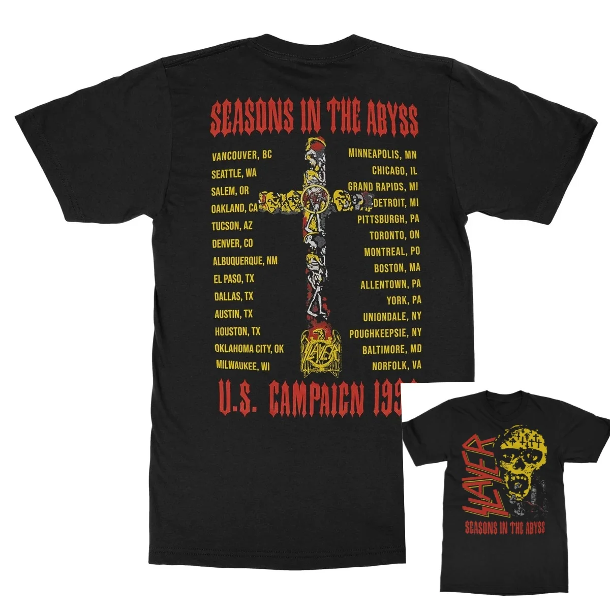 Slayer Seasons in The Abyss US Campaign Double‑sided Tour Graphic Print T‑Shirt, Features Front Cross‑marked Yellow Skull Logo