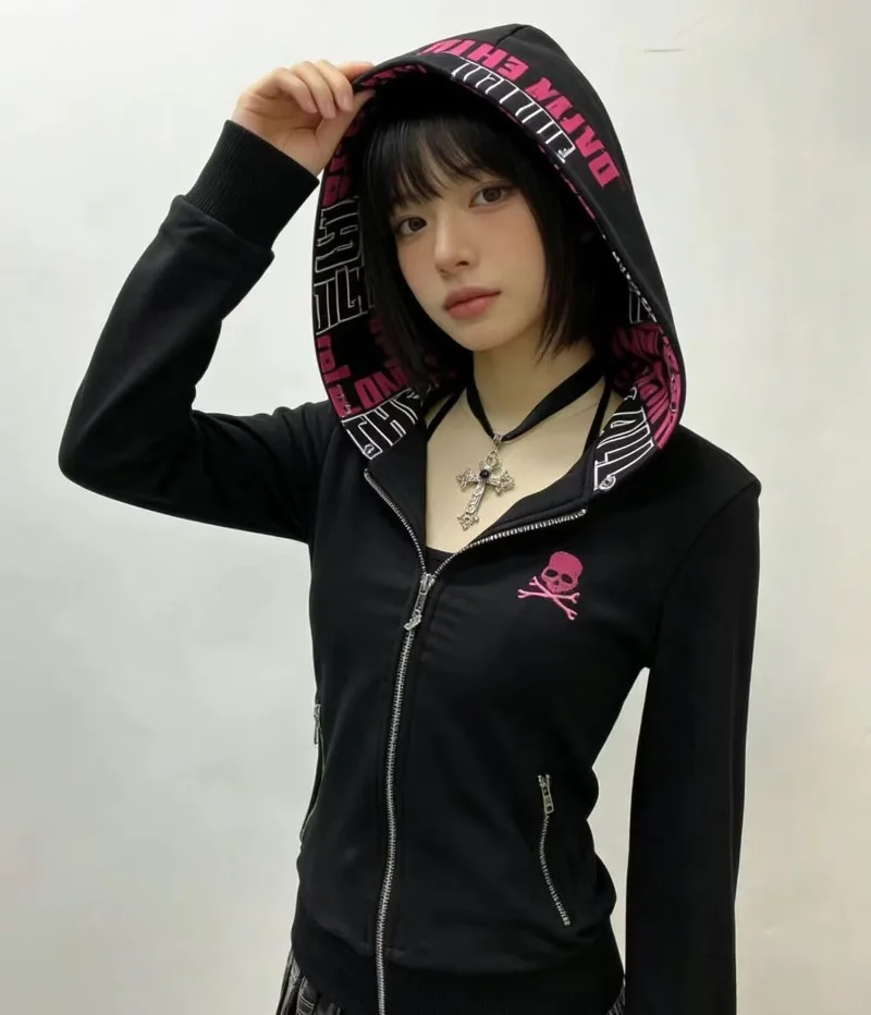 American Vintage Women Clothes Spring Autumn New Black Letter Zip Up Hoodie Gothic Slim Hooded Sweatshirt Tops Streetwear Women