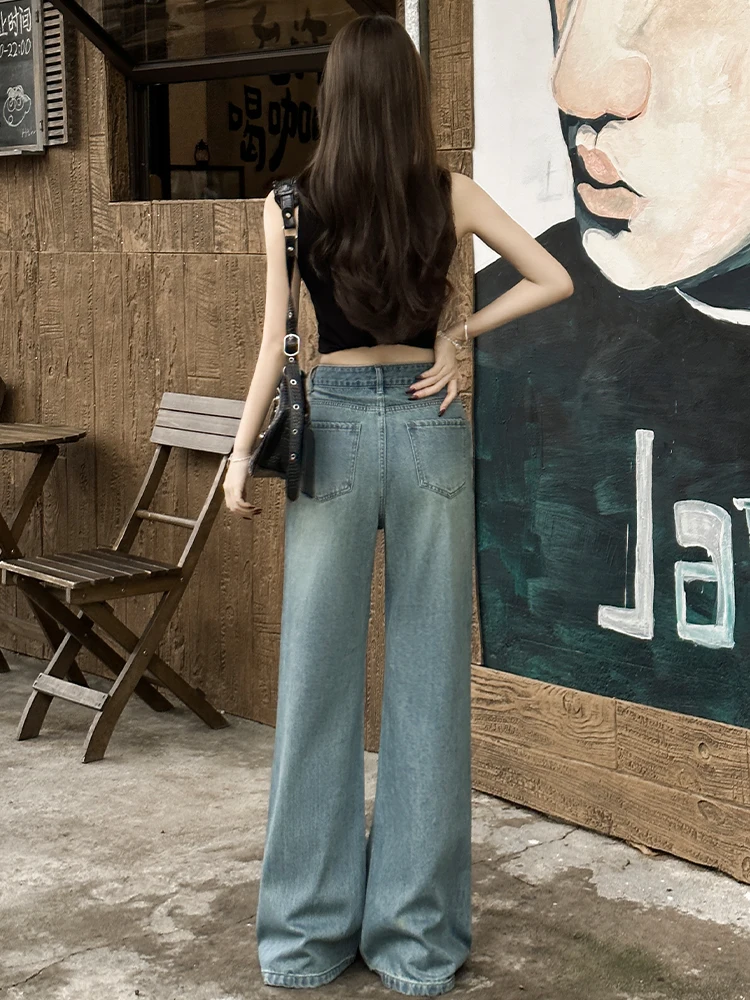 Pantalones vaqueros de pierna ancha con pierna recta y diamantes brillantes con agujero roto para mujer verano 2025, nuevos pantalones ligeramente ajustados de cintura alta