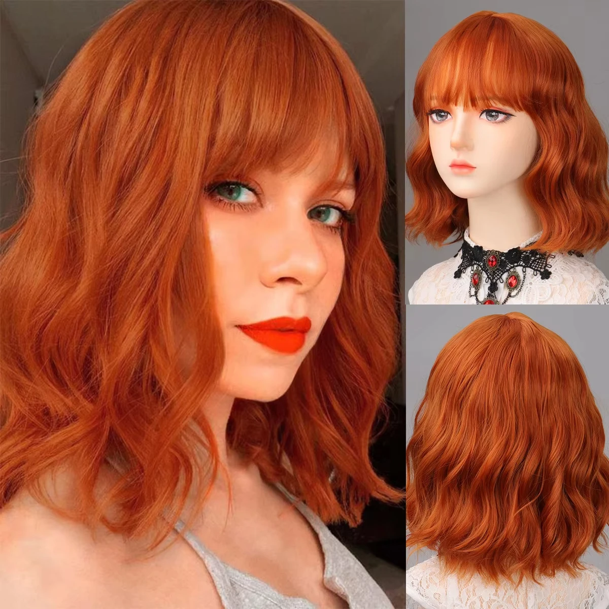 Short wavy curly orange synthetic wig for Halloween party cosplay role-playing. Daily wig. High-temperature hair accessory.