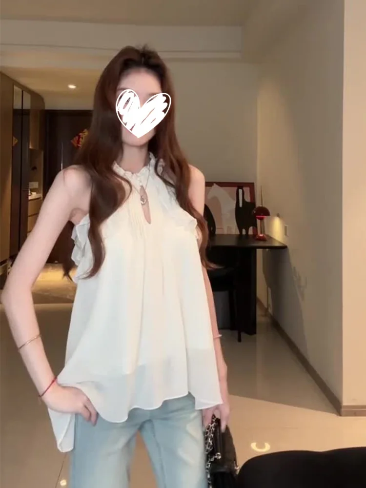 Elegant White Hollow out Lace Trim Neck Hanging Chemise Women's Summer Loose Slimming Sleeveless Top Korean Style Soft Wind