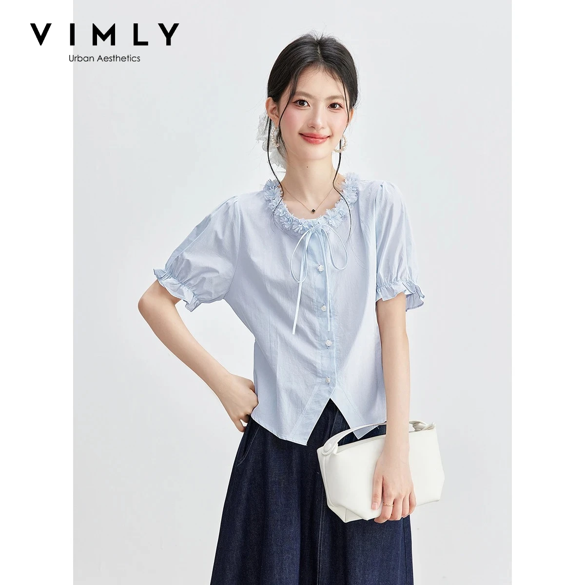 

VIMLY Elegant Blue Lace Trim Tie Neck Cotton Shirt Women 2026 Summer New Rose Button Casual Puff Short Sleeve Blouse 31209