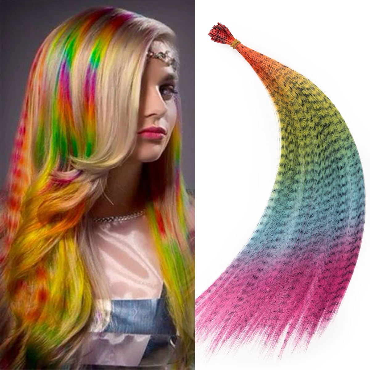 50 Pieces 16Inch Colored Synthetic Hair， Feather Colorful False Extension Mixed Color Straight ， Fashion Party Chistmas New Year