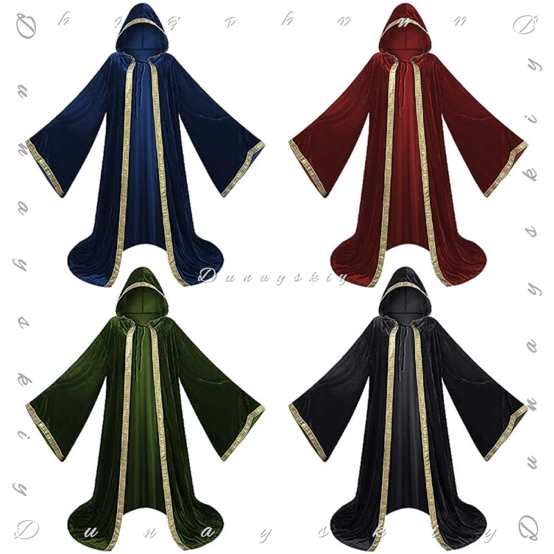 

Medieval Wizard Cosplay Costume Velvet Cape Robe with Gold Trim Renaissance Wizard Costume Blue Red Green Black Halloween Stage