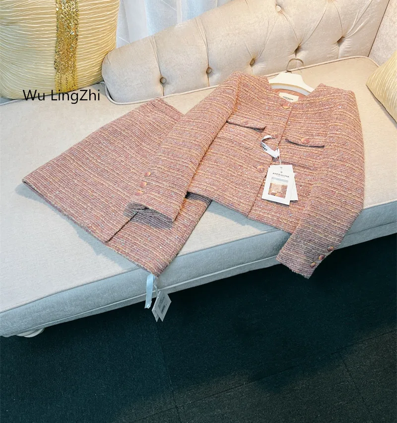 Wu LingZhi Women Tweed Skirt Set 2024 Autumn French Vintage Ladies Striped Top+Skirts Suit Pink Wool Top Quality Twinset New