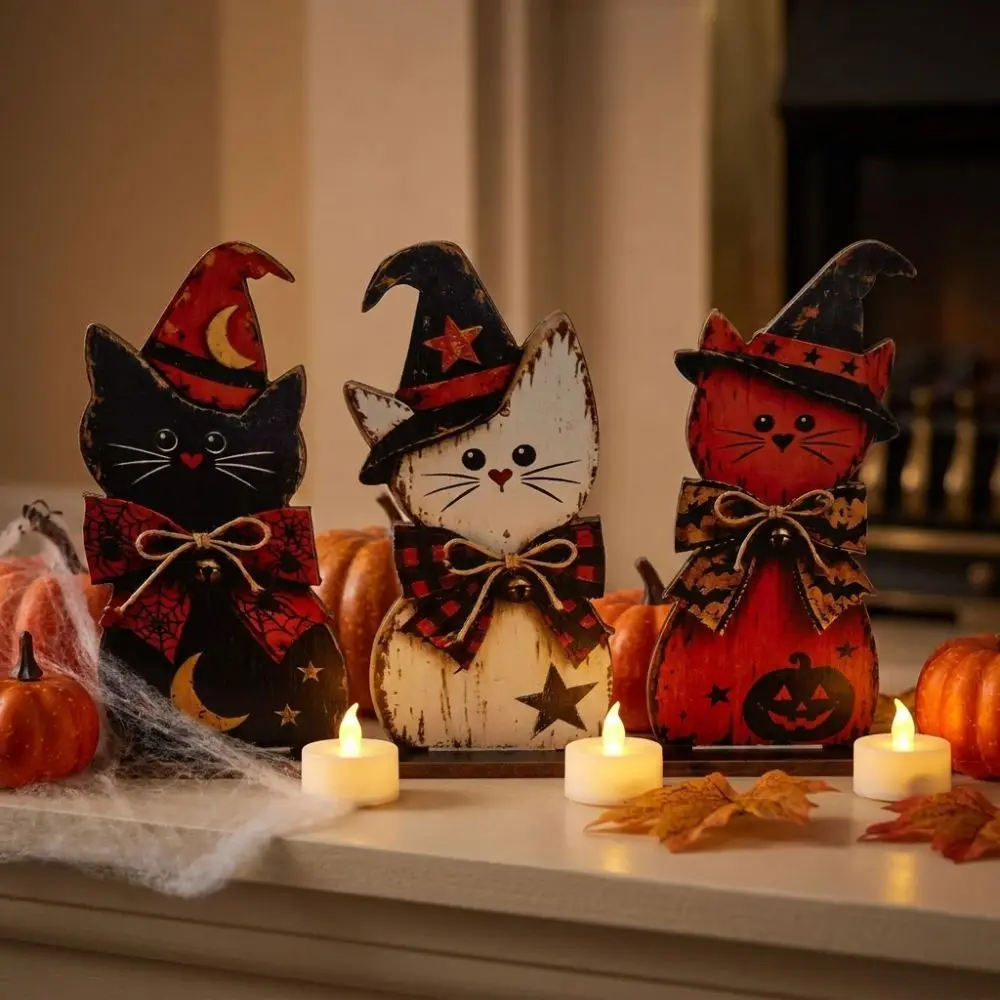 3Pcs Thickened 2D Flat Wooden Halloween Witch Cat Set Autumn Plaid Bows Vintage Black Cat Tabletop Sign Retro Moon Star