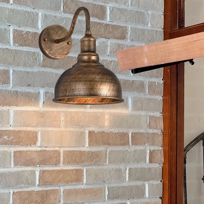 Vintage Antique Copper Wall Sconce Curved Gooseneck Arm Dome Metal Shade Industrial Wall Lamp for Bedroom Cafe Bar Kitchen