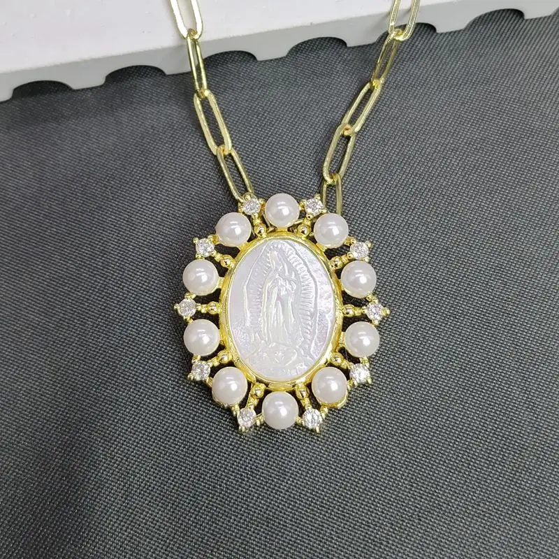 

Natural Pearl Shell Virgin Mary Guadalupe Necklace For Women Light luxury ​Zircon Pendant Charm Neck Chain Religions Jewelry