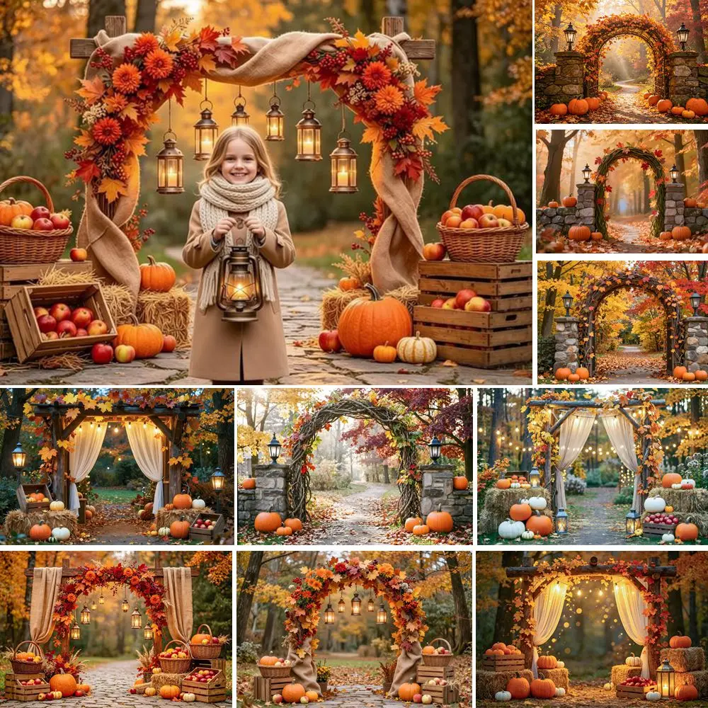 Autumn Maple Leaves Flowers Arch Door Backdrop Pumpkins Fall Forest Kids Birthday Party Wedding Portrait Photography Background