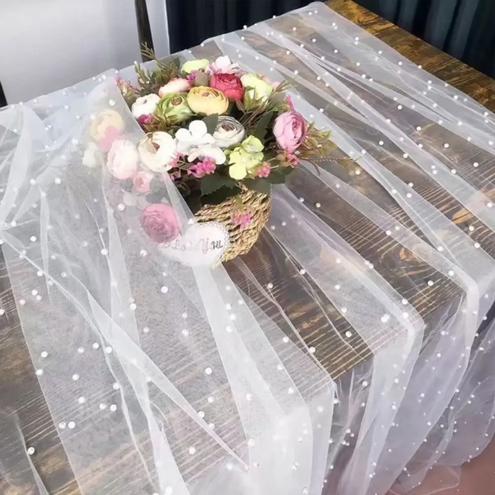 Mesh Fabric Pearl Table Runner Sheer Multi-size Bridal Veil Dreamy Luxury White Tulle Wedding Table Runner Dessert Table