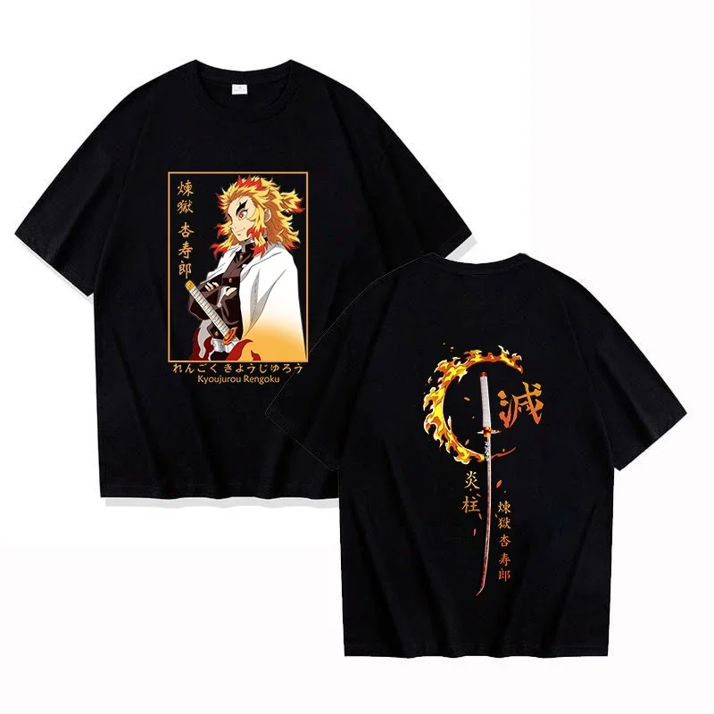Camisetas de manga corta con estampado de Anime Demon Slayer Rengoku Kyoujurou para hombre y mujer, camisetas informales de verano Unisex, camisetas deportivas