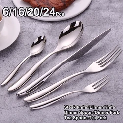6/16/20/24Pcs Sliver Tableware Stainless Steel 304 Cutlery Set Mirror Knife Fork Spoon Western Dinner Set Smooth Handle Flatware