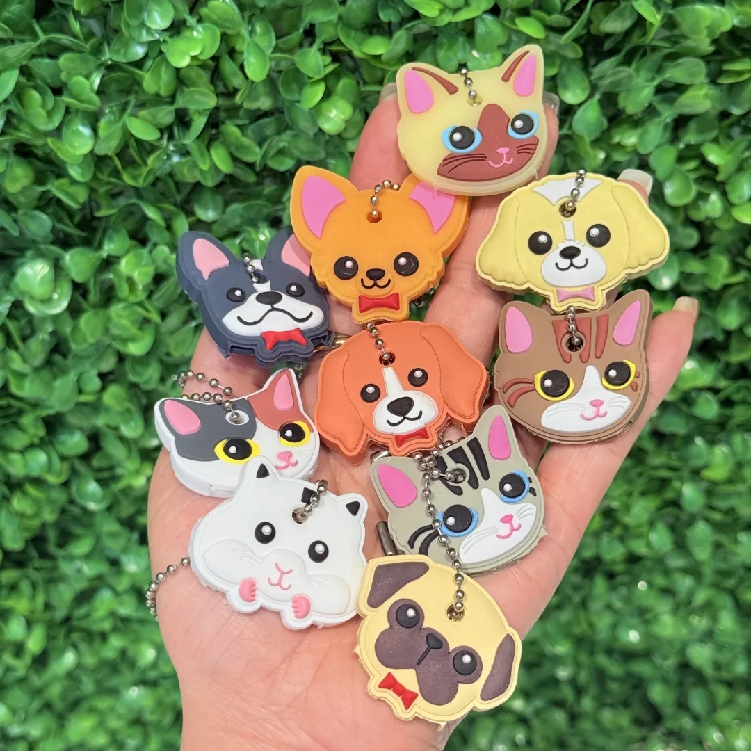 1-10Pcs Cute Cats Dogs PVC Key Cover Caps French Bulldog Keychain Children Animals Home Key Holder Accessories