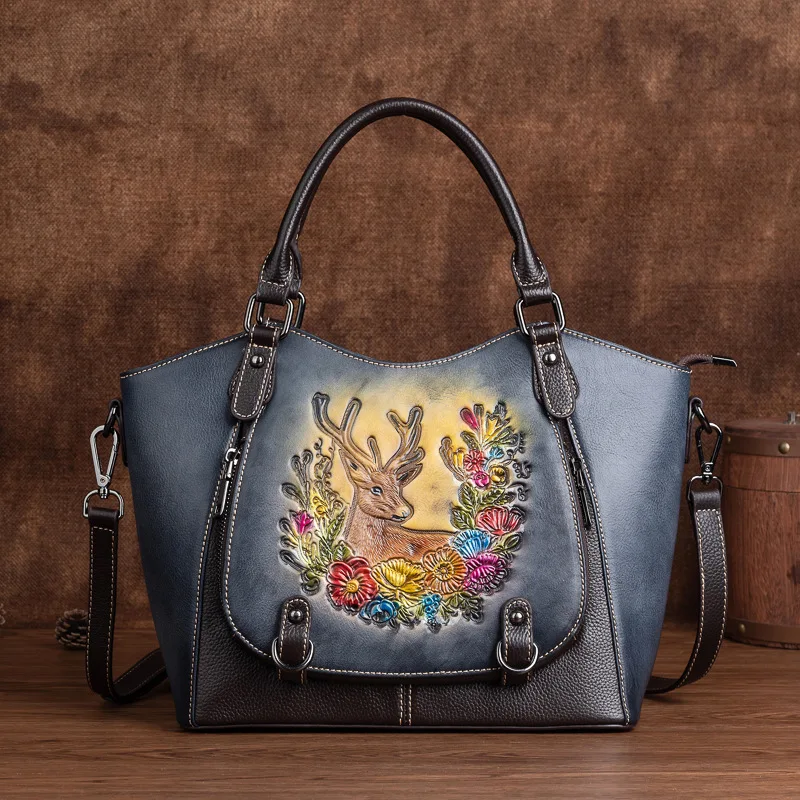 

Cowhide Women's Tote Bag Vintage Deer Pattern Genuine Leather Shoulder Bags Luxury Designer High Quality Women Handbag 2035