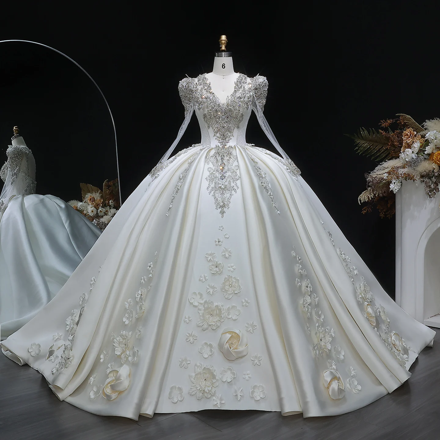 Sharon Said Luxury Wedding Dress Long Sleeve V-Neck 3D Flowers Beaded Crystals Vestido de Novia Bridal Gown SW601 Customized
