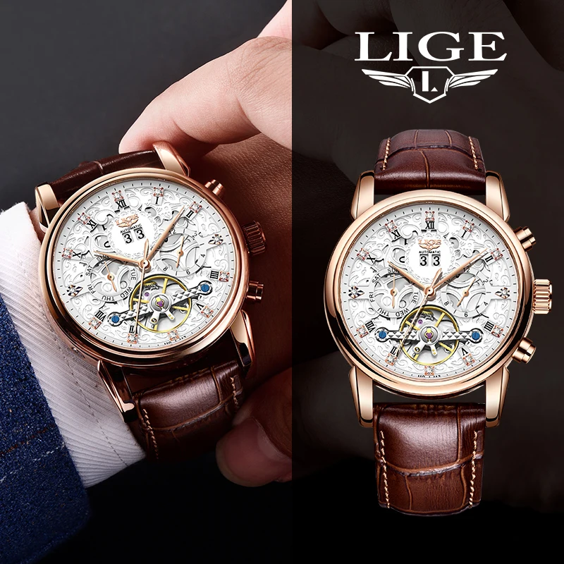 LIGE Original Luxury Men Automatic Wristwatch Business Auto Date Waterproof Leather Strap Mechanical Watch for Men Males Clock