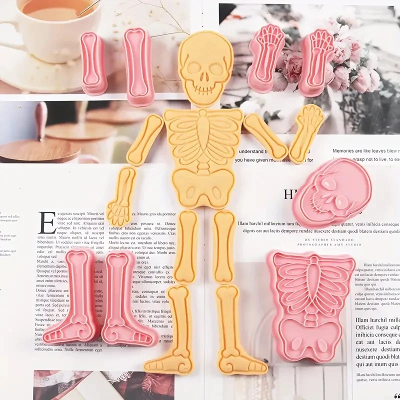 8pcs Cartoon Human Bone Shaped Cookie Cutter Halloween Puzzle Fondant Biscuit Mold Body Skull Shape Integrated Fun Cookie Cutter