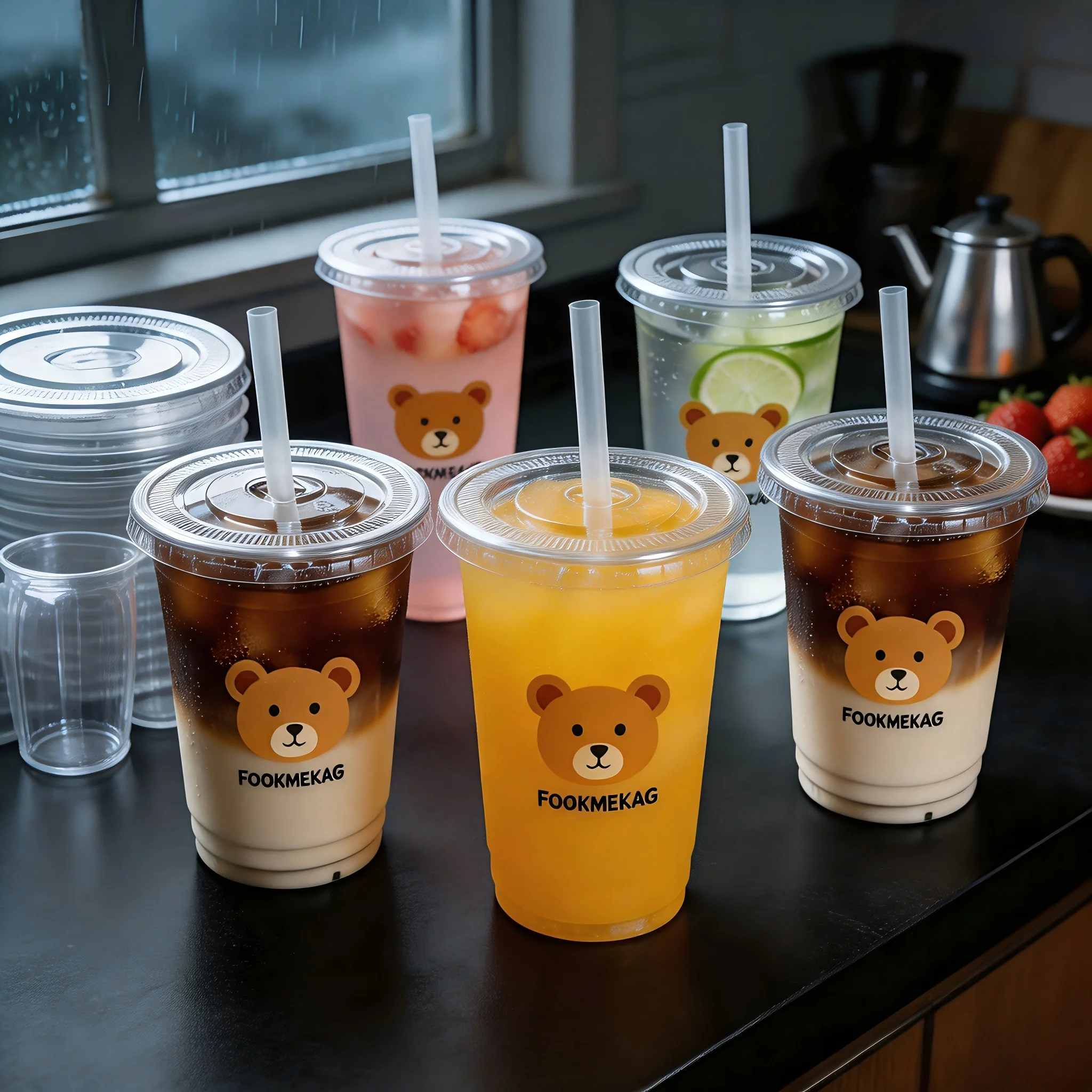 100 Sets Clear PET Reusable Cold Drink Cups with Straws, 16oz Cute Bear Printed Plastic Tumblers, Freezer-Safe Only For Cold Beverages, Ideal For Iced Coffee, Smoothies, Bear Themed Parties, Holiday Gatherings & Family Events view 3